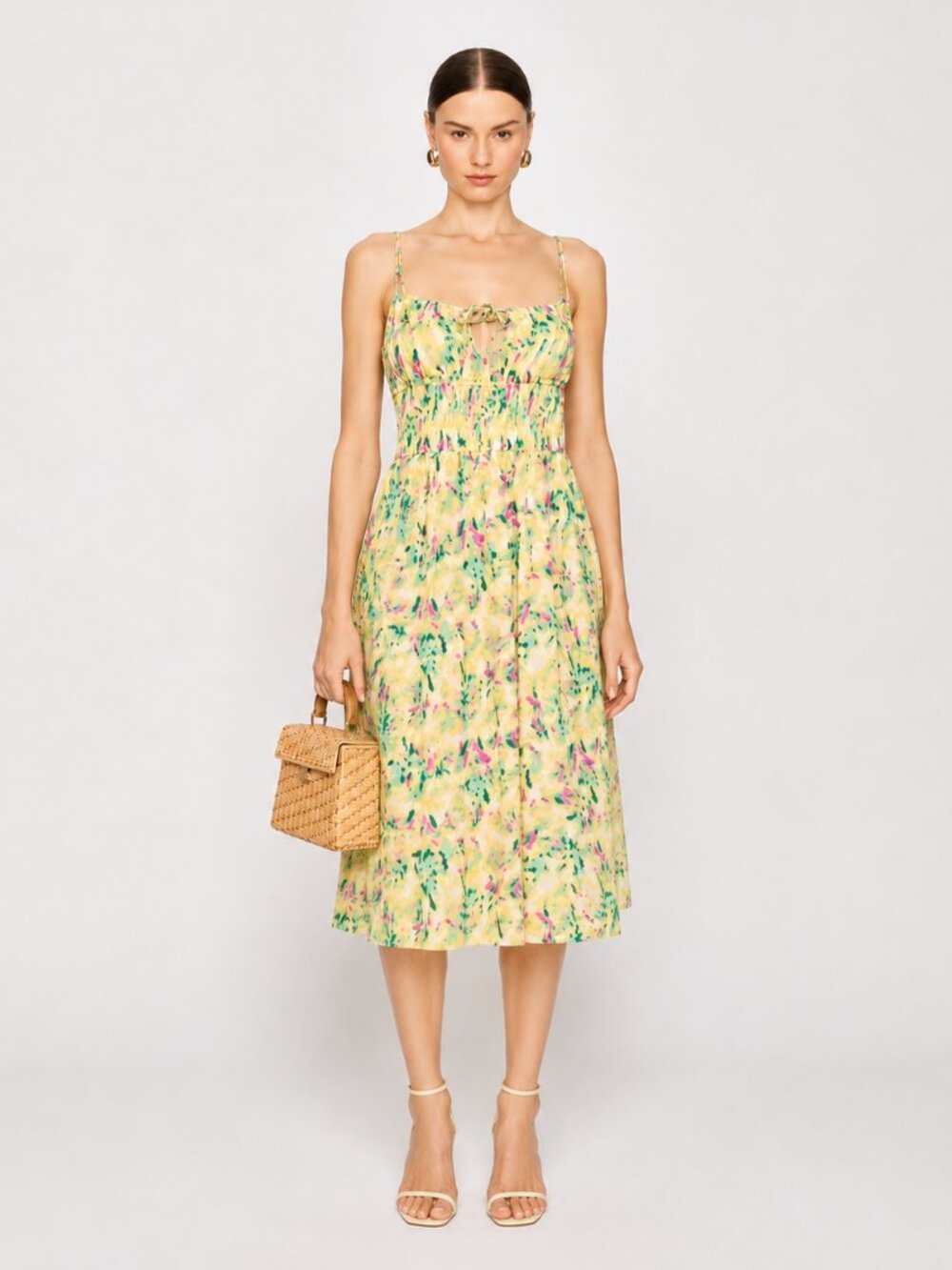 ASTR The Label Floral Smocked Midi Dress M Yellow Wedding Guest NWOT - Picture 2 of 10